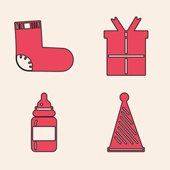 Canvas Print - Set Party hat, Baby socks clothes, Gift box and Baby bottle icon. Vector