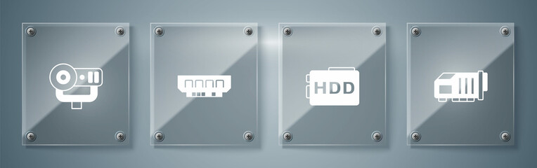 Set Video graphic card, Hard disk drive HDD, RAM, random access memory and Web camera. Square glass panels. Vector