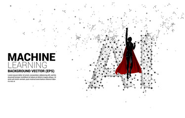 Fototapete - Silhouette of superhero flying with Polygon dot connect line shaped AI. Concept for machine learning and artificial intelligence.