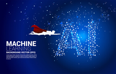 Fototapete - Silhouette of superhero flying with Polygon dot connect line shaped AI. Concept for machine learning and artificial intelligence.