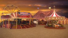 3D Rendering Of A Carnival Fairground With Carousel And Waltzer Rides, A Ferris Wheel And A Circus Big Tent In The Background.