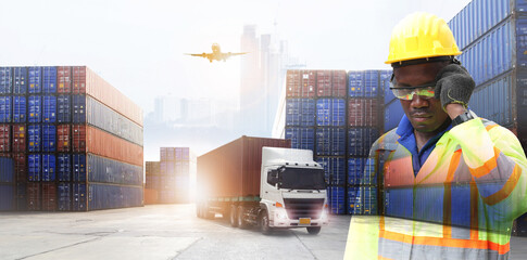 Double exposure of afican american man in  industry and safety concept container truck ,ship in port and freight cargo plane in transport and import-export commercial logistic