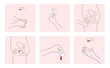 Instruction how to use menstrual cup during period, collage with illustrations. Female reproductive system on white background