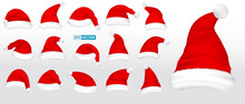 Set Of Realistic Santa Hats Isolated Or Claus Hat Clothes Christmas Or Santa Claus Red Hat Winter Concept. Eps Vector