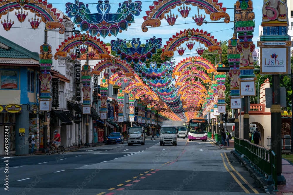 SINGAPORE, SINGAPORE - Sep 26, 2021: Decorations celebrating Deepavali in  Little India, Singapore