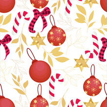 Beautiful Christmas Seamless Pattern With Gold Leaves And Christmas Ornament