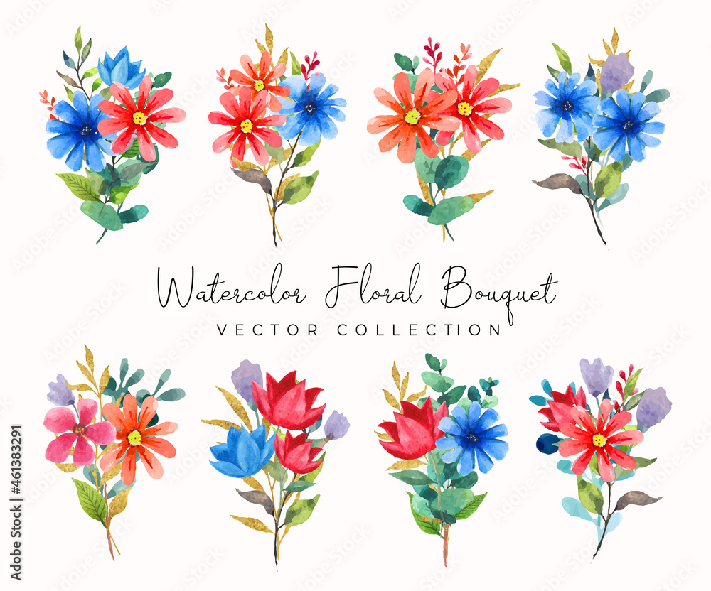 Watercolor floral bouquet of red and blue flowers vector collection ...
