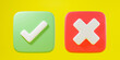 © sorapop - Green tick check mark and cross mark symbols icon element in square, Simple ok yes no graphic design on yellow background, right checkmark symbol accepted and rejected, 3D rendering illustration