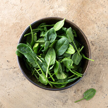 Flat Lay Bowl With Fresh Spinach On Beige Table, Square