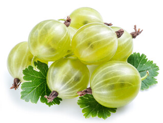 Green ripe gooseberries on white background. Close-up.