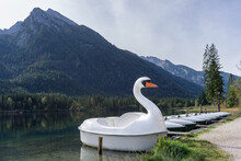 Many Rental Boats At A Bridge On Lake In The Mountains With A Swan Boat