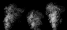 A Set Of Three Different White Fumes, Smoke On A Black Background To Add To Your Pictures. A Collection Of Vapors For Your Photos. Perfect Smoke, Steam, Fragrance, Incense For Your Photos.