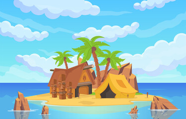 Tropical Island Among the Sea. Palm Trees, Sandy Beaches, Rocks, Statues, Tents and Ritual Houses. Sea Beach Beautiful Landscape