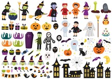 Halloween Elements Set. Big Collection With Witches, Kids In Costumes, Vampire, Zombi, Etc. Halloween Clipart Bundle. Vector Illustration