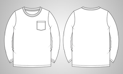 Sticker - Long sleeve Basic T-shirt With pocket  overall technical fashion flat sketch vector Illustration template front and back views. Basic apparel Design Mock up for Kids, boys and men's.