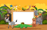 Fototapeta Pokój dzieciecy - Empty wooden frame with various wild animals in the forest