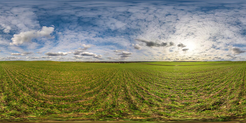 Wall Mural - evening hdri panorama 360 view among farming fields with sunset clouds in equirectangular spherical projection, ready for VR AR virtual reality content