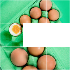 Wall Mural - Collage of chicken brown fresh raw eggs. Ingredients for cooking.