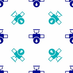 Sticker - Blue Industry metallic pipe and valve icon isolated seamless pattern on white background. Vector