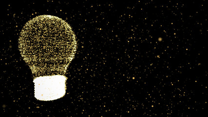 Fototapete - Illustration of yellow lightbulb with dots on dark background with gold bokeh. Future technology, innovation background, creative idea concept. 3d rendering.