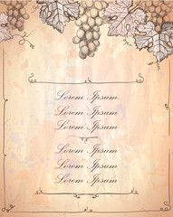 Wall Mural - Blank with copy space for text and grape graphic frame, wine list menu card design mockup