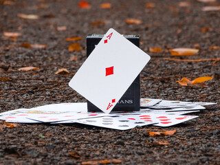 Sticker - Selective focus shot of a diamond Ace diagnostically set on playing cards on the ground