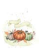 Thanksgiving greeting card template. Watercolor pumpkin, autumn leaves, ribbon for text. Fall theme