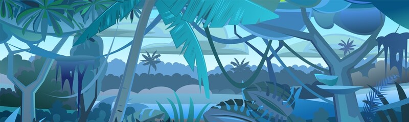 Wall Mural - jungle tree. dense thickets. view from tropical forest panorama. southern dark rural night scenery. 