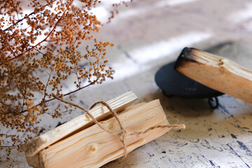 Palo Santo tree sticks. Holy wood or sacred wood, Bursera graveolens. Mental health and meditation concept