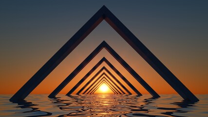 Canvas Print - 3d render, abstract minimal seascape with corner arches in the water. background with golden sunset