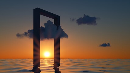 Canvas Print - 3d rendering, abstract sunset background with clouds flying under the geometrical arch in the water.