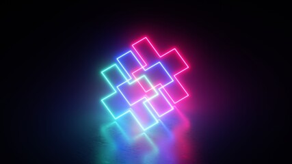 Wall Mural - 3d render. abstract neon geometric background with pink and blue lines glowing in the dark
