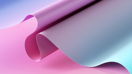 Wall Mural - 3d render. Abstract pastel pink blue background with folded paper scroll, wavy ribbon edge