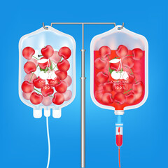 Wall Mural - Saline bag plastic and Vitamin water cherry juice 2 bag red. Healthy food and juice concepts. realistic with 3D vector illustration.