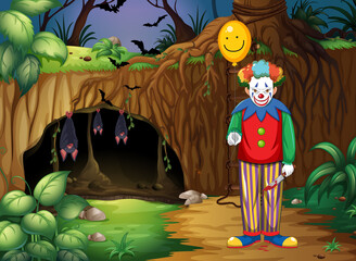 Poster - Dark forest scene with creepy clown cartoon character