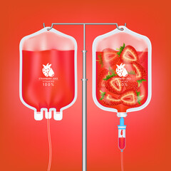 Wall Mural - Red vitamin strawberry juice bag, Healthy food and juice concepts. Realistic with 3D vector illustration.