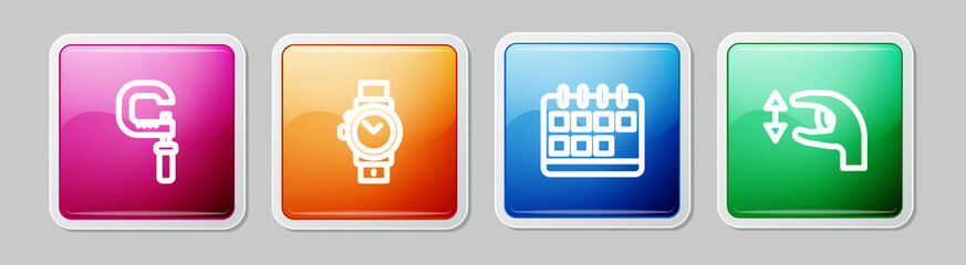 Set line Micrometer, Wrist watch, Calendar and Approximate measurements. Colorful square button. Vector