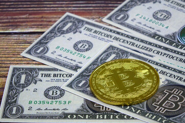 Bitcoin Cryptocurrency. Gold bitcoin and Bitcoin banknote. The future coin, digital currency. Conceptual of blockchain technology