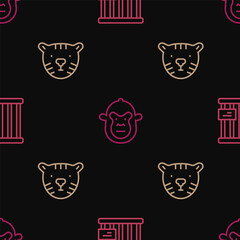 Sticker - Set line Animal cage, Tiger head and Monkey on seamless pattern. Vector