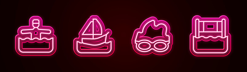 Poster - Set line Water gymnastics, Yacht sailboat, Glasses for swimming and volleyball net. Glowing neon icon. Vector