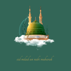 creative abstract with beautiful design illustration of green mosque and moon in background with the