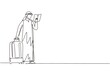 Single one line drawing Arabian man reading textbook. Male student standing with open book in hands and suitcase. Enthusiastic reader for educational. Continuous line draw design vector illustration