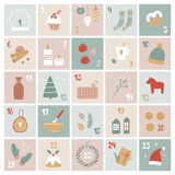 Fototapeta Boho - Vector cartoon Advent calendar. Christmas presents and decorations with numbers from 1 to 25. Gift box template.