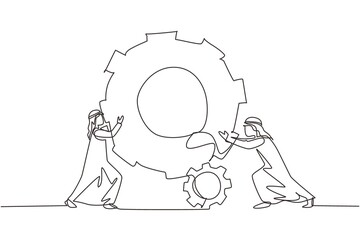 Wall Mural - Single continuous line drawing two Arab businessmen help each other pushing big cog. People push gear, team of worker tech holding gear collaboration solution. One line draw design vector illustration