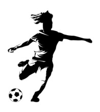 Women Soccer Player Vector Silhouettes On White Background Isolated. Silhouette Of A Woman Kicking Soccer Ball, Vector Illustration