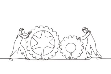 Wall Mural - Continuous one line drawing two Arabic businessmen pushing big cogs together. Teamwork cooperation in gears mechanism. Men working on push gears, teamwork or leadership. Single line draw design vector