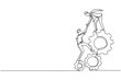 © Simple Line - Single one line drawing two young businessmen helping each other to go up to pile of cogs. Teamwork people trust assistance. Technology gear collaboration solution. Continuous line draw design vector