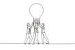 © Simple Line - Single one line drawing group people hold huge lamp new idea. Success in business rely on teamwork, good planning, finding creative solution to problem. Continuous line draw design vector illustration