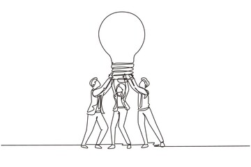 single one line drawing group people hold huge lamp new idea. success in business rely on teamwork, 