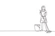 Single continuous line drawing cleaning company staff to work with the equipment. Woman with buckets and mops. Domestic cleaner worker and cleaners equipment. One line draw design vector illustration